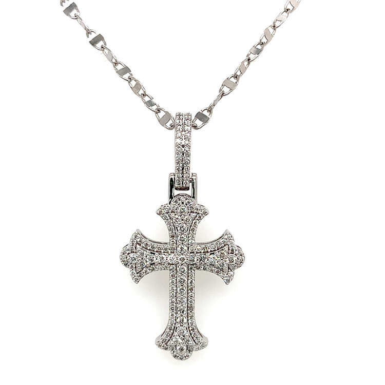 70584 14K WHITE GOLD .90CT DIAMOND BEADED SET CROSS PENDANT SET