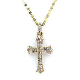 70586 14K YELLOW GOLD 1.15CT ROUND DIAMOND BAGUETTE  FANCY CROSS PENDANT SET