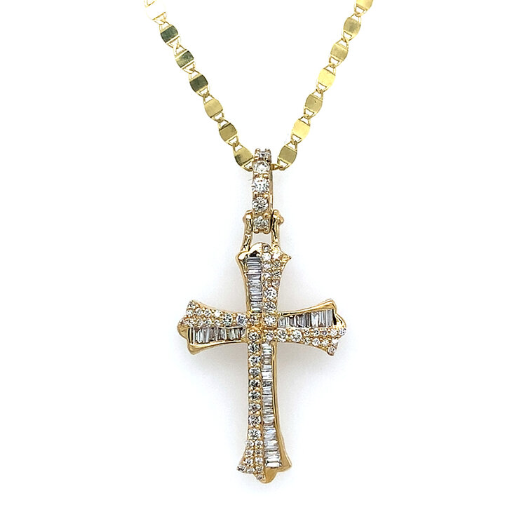 70586 14K YELLOW GOLD 1.15CT ROUND DIAMOND BAGUETTE  FANCY CROSS PENDANT SET