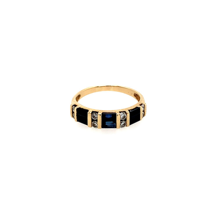 404459 14K YELLOW GOLD .16CTW ROUND DIAMOND AND BAGUETTE SAPPHIRE DOUBLE ROW BAR SET RING