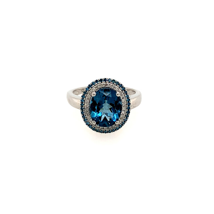 404458 14K WHITE GOLD OVAL BLUE LONDON TOPAZ AND DIAMOND WITH DOUBLE HALO RING