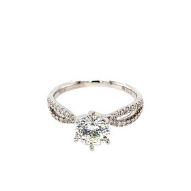 475429 18K WHITE GOLD 1.05CT I SI2 MODIFIED ROUND DIAMOND CENTER .21CT SPLIT SHANK SWIRLY TO 6 PRONG ENGAGEMENT RING