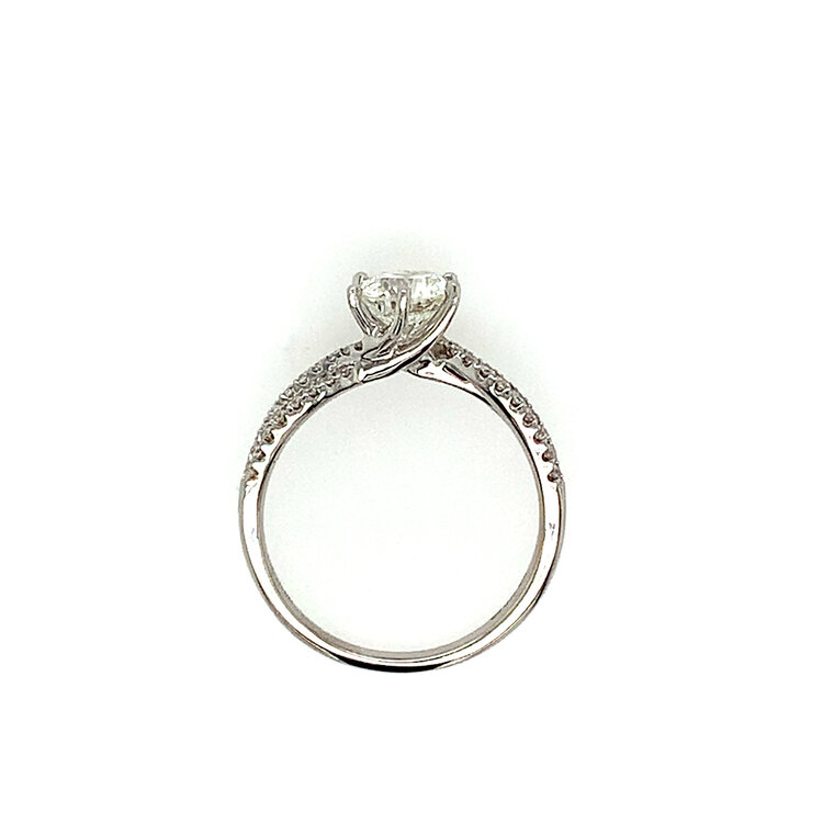 475429 18K WHITE GOLD 1.05CT I SI2 MODIFIED ROUND DIAMOND CENTER .21CT SPLIT SHANK SWIRLY TO 6 PRONG ENGAGEMENT RING