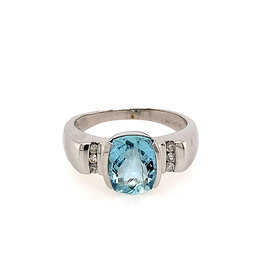40445 14K WHITE GOLD CUSHION CUT AQUAMARINE CHECKERBOARD WITH DIAMONDS RING