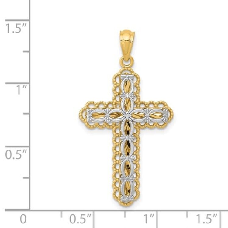 77374 14K TWO TONE DIAMOND CUT CENTER DOUBLE PLATE FILIGREE CROSS