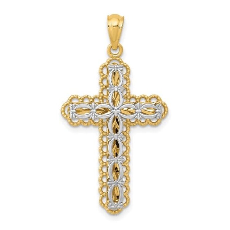 77374 14K TWO TONE DIAMOND CUT CENTER DOUBLE PLATE FILIGREE CROSS