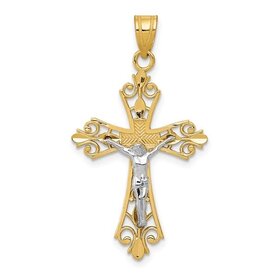 77370 14K TWO TONE DIAMOND CUT FILIGREE EDGE TEXTURED CENTER CRUCIFIX