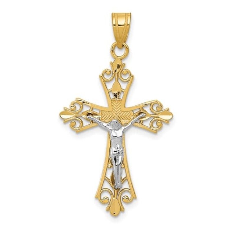 77370 14K TWO TONE DIAMOND CUT FILIGREE EDGE TEXTURED CENTER CRUCIFIX