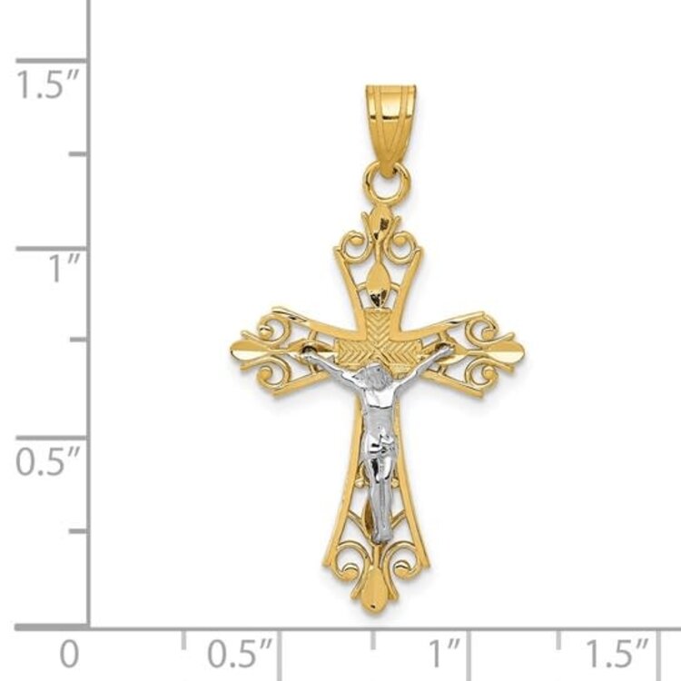 77370 14K TWO TONE DIAMOND CUT FILIGREE EDGE TEXTURED CENTER CRUCIFIX