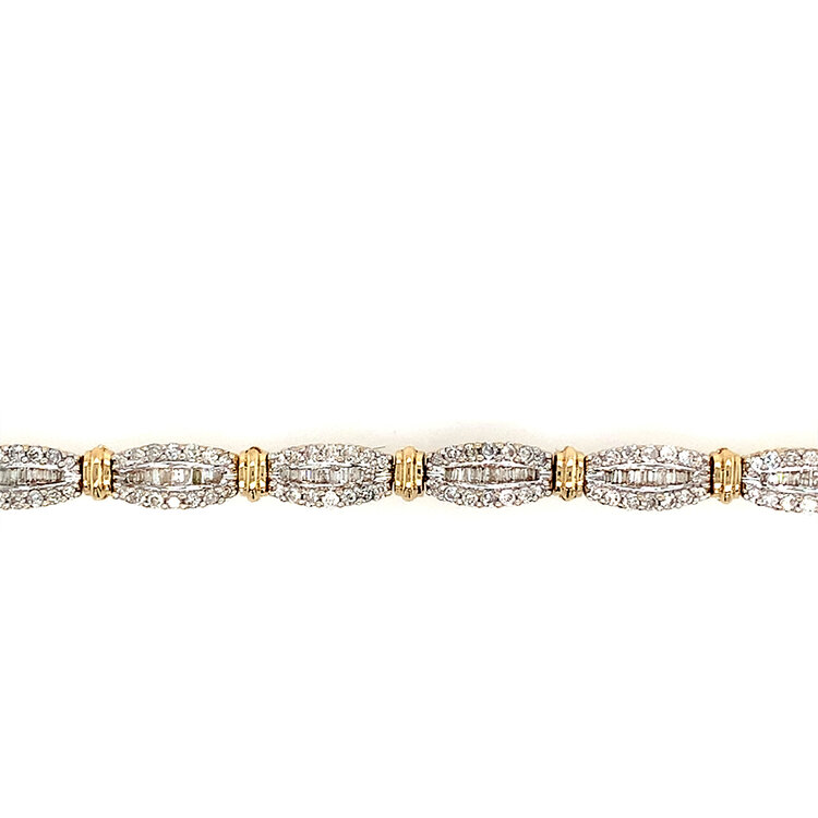 20425 14K TWO TONE 1CT BAGUETTE AND ROUND DIAMOND FANCY LINK BRACELET