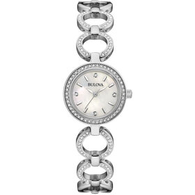 BULOVA STAINLESS STEEL OPEN CIRCLE CRISTAL LINK MOTHER OF PEARL DIAL LADIES WATCH