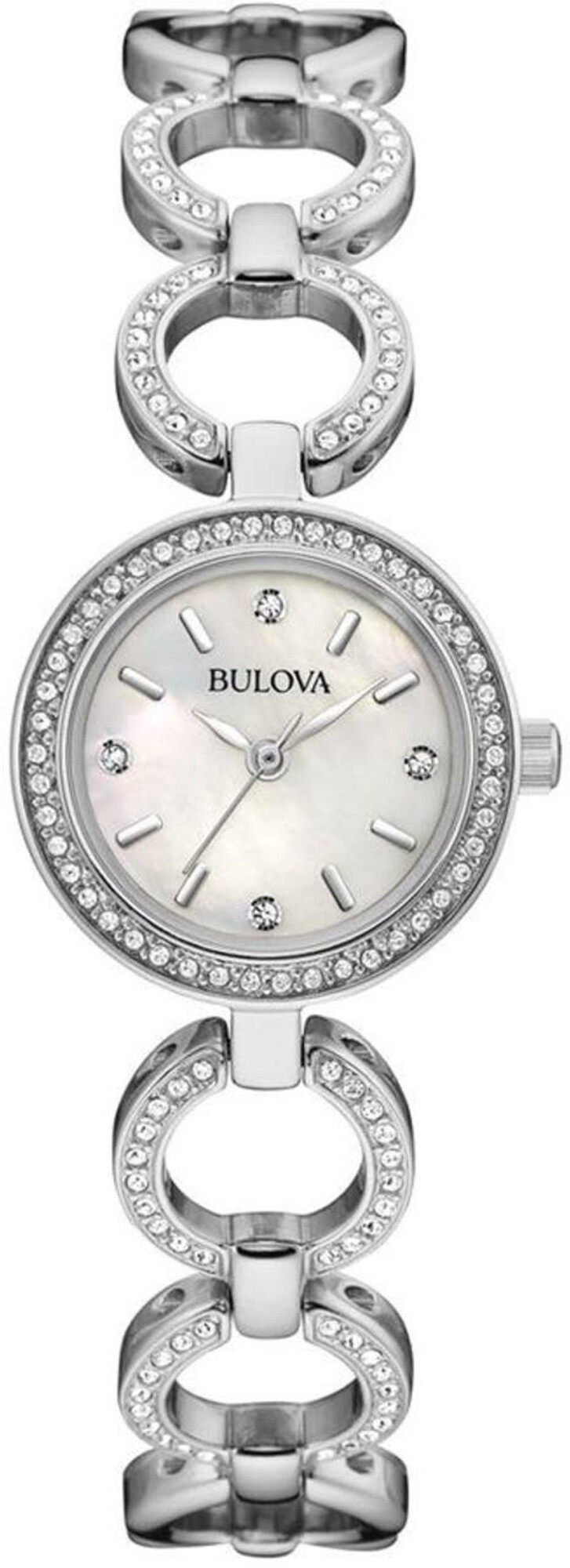 BULOVA STAINLESS STEEL OPEN CIRCLE CRISTAL LINK MOTHER OF PEARL DIAL LADIES WATCH