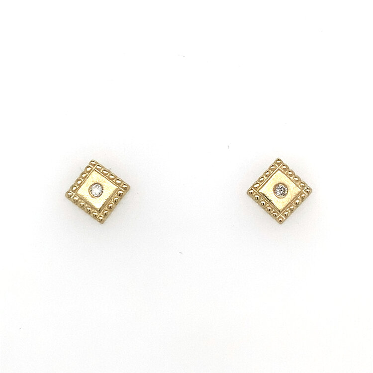 31450 18K YELLOW GOLD DIAMOND SATIN FINISH SQUARE BEAD EDGES STUDS EARRINGS