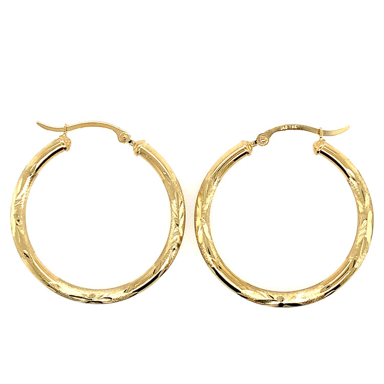 31454 14K YELLOW GOLD SATIN FINISH LEAF CUT 1.25" TUBED HOOPS