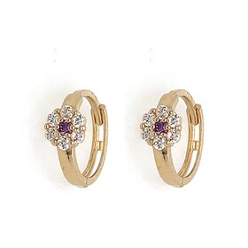 31478 14K YELLOW GOLD CUBIC ZIRCONIA PURPLE CENTER FLOWER HUGGIES