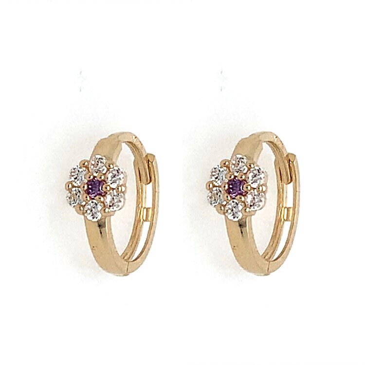 31478 14K YELLOW GOLD CUBIC ZIRCONIA PURPLE CENTER FLOWER HUGGIES