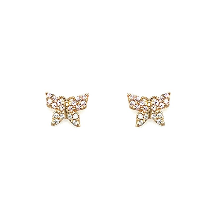 31499 14K YELLOW GOLD LIGHT PINK AND CLEAR BUTTERFLY SCREWBACKS