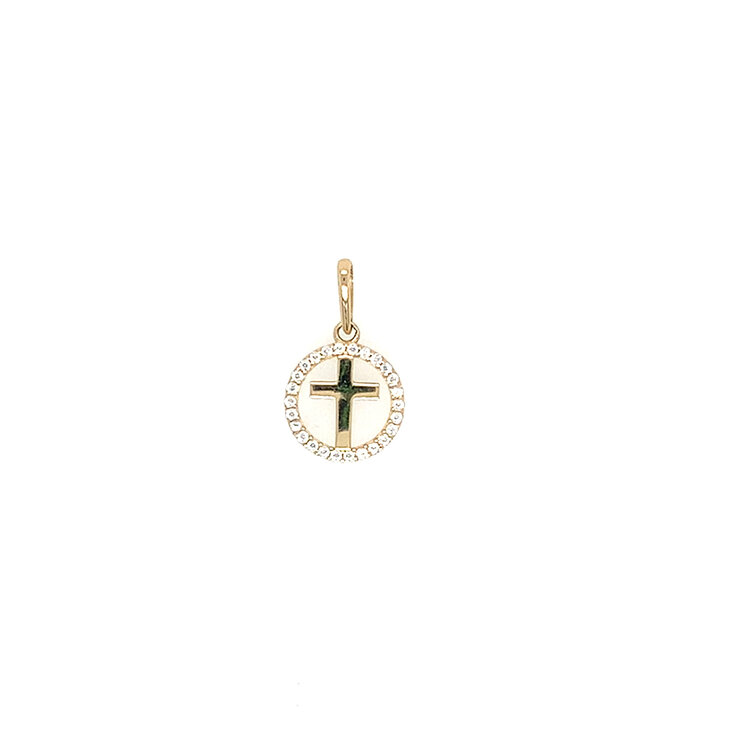 77381 14K YELLOW GOLD HIGH POLISH CROSS WITH HALO CUT OUT BORDER