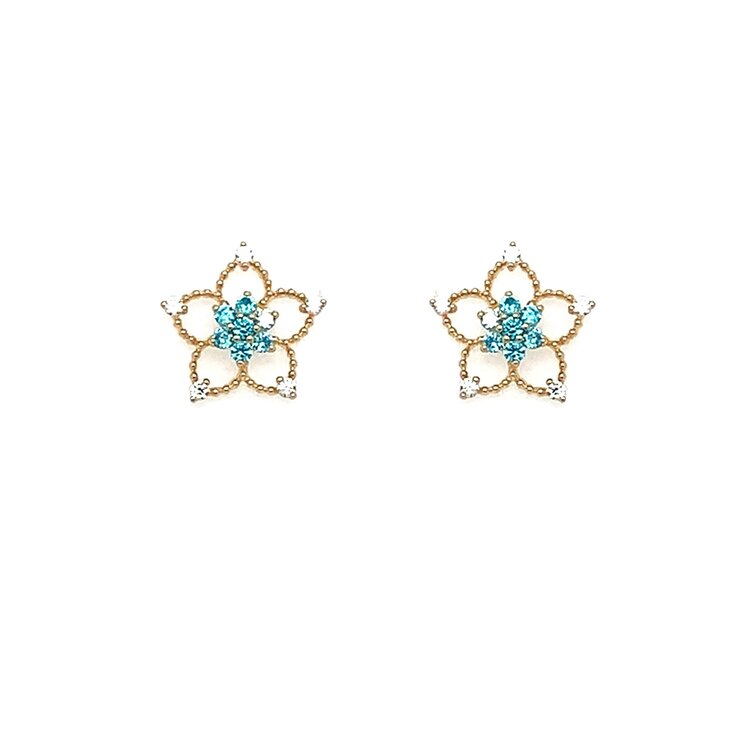 31484 14K YELLOW GOLD SKY BLU AND WHITE CUBIC ZIRCONIA FILIGREE FLOWER SCREW BACK STUDS