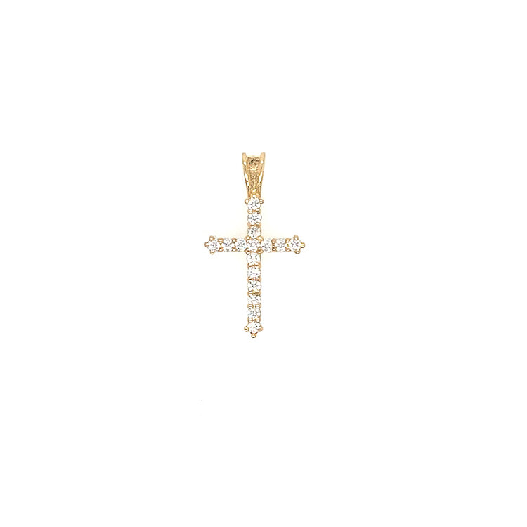 77383 14K YELLOW GOLD CUBIC ZIRCONIA POINTED TIP CROSS WITH RABBIT EAR BAIL