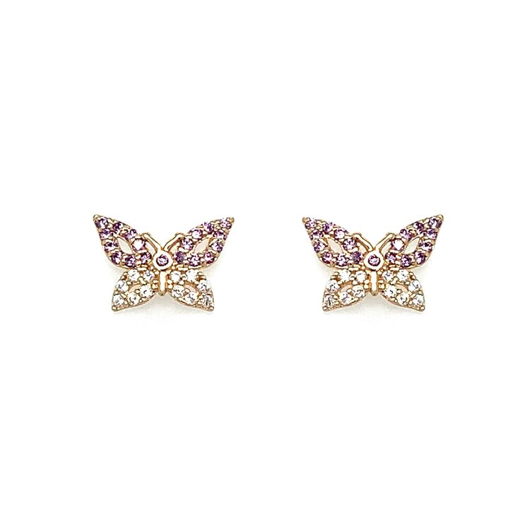 31490 14K YELLOW GOLD PURPLE AND WHITE CUBIC ZIRCONIA BUTTERFLY SCREW BACK STUDS