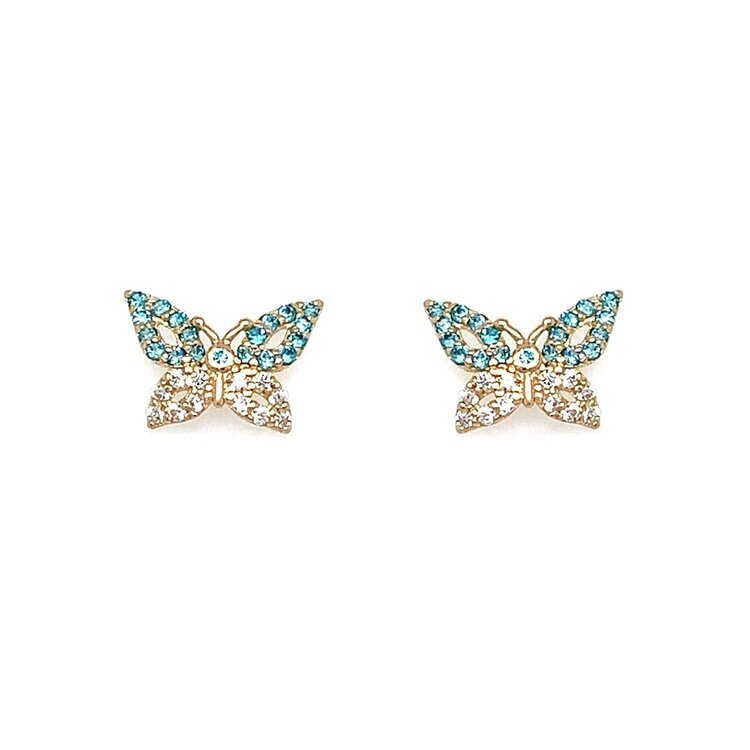 31491 14K YELLOW GOLD SKY BLUE AND WHITE CUBIC ZIRCONIA BUTTERFLY SCREW BACK STUDS