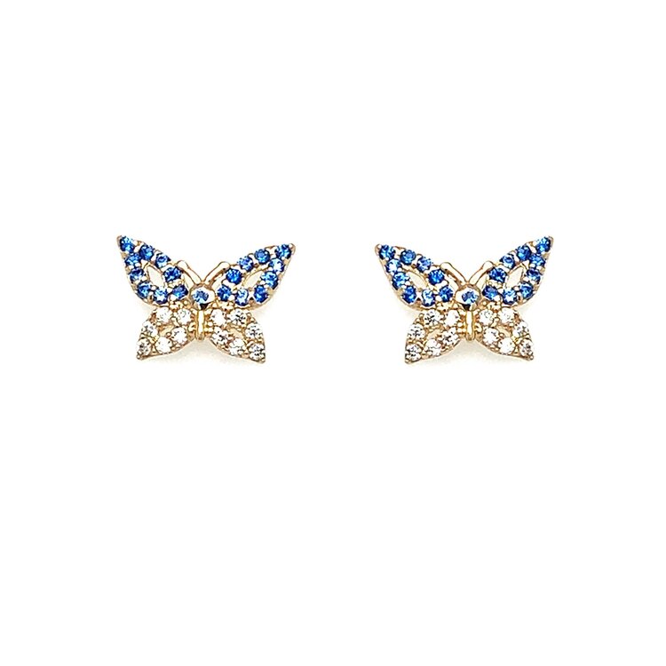 31493 14K YELLOW GOLD DARC BLUE AND WHITE CUBIC ZIRCONIA BUTTERFLY SCREW BACK STUDS