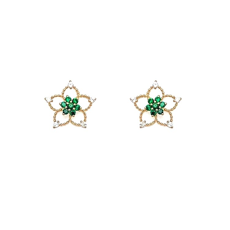 31482 14K YELLOW GOLD GREEN AND WHITE CUBIC ZIRCONIA FILIGREE FLOWER SCREW BACK STUDS