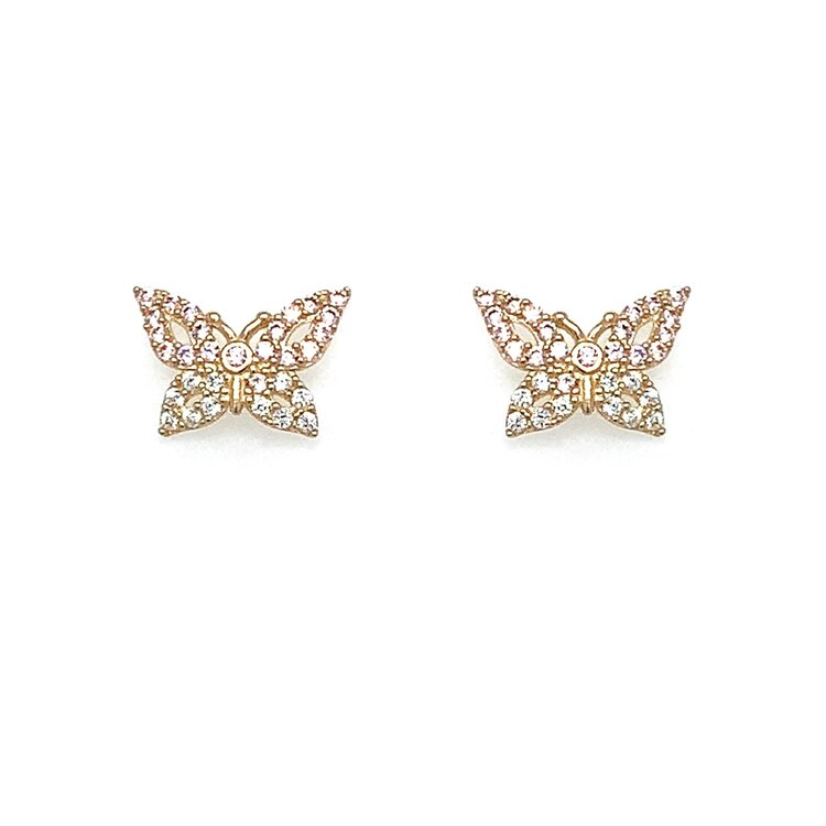 31489 14K YELLOW GOLD PINK AND WHITE CUBIC ZIRCONIA BUTTERFLY SCREW BACK STUDS