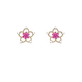 31481 14K YELLOW GOLD PINK AND WHITE CUBIC ZIRCONIA FILIGREE FLOWER SCREW BACK STUDS