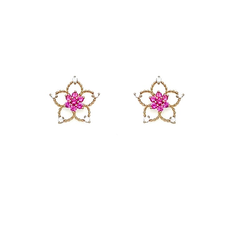 31481 14K YELLOW GOLD PINK AND WHITE CUBIC ZIRCONIA FILIGREE FLOWER SCREW BACK STUDS
