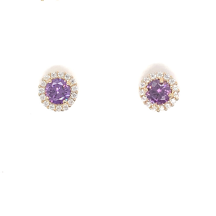31415 14K YELLOW GOLD MULTI COLOR CUBIC ZIRCONIA HALO SCREW BACK STUDS 6.5MM PURPLE