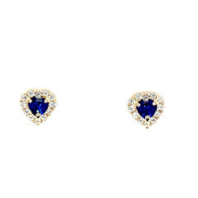 14K YELLOW GOLD COLORED CUBIC ZIRCONIA CENTER WITH HALO HEART SCREW BACK STUDS 6.6MM BLUE