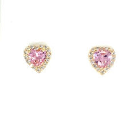 14K YELLOW GOLD COLORED CUBIC ZIRCONIA CENTER WITH HALO HEART SCREW BACK STUDS 6.6MM PINK