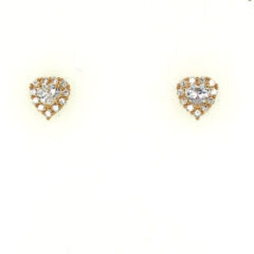 14K YELLOW GOLD COLORED CUBIC ZIRCONIA CENTER WITH HALO HEART SCREW BACK STUDS 6.6MM WHITE