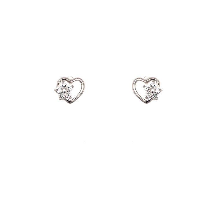 31504 14K WHITE GOLD CUBIC ZIRCONIA FLOWER ON OPEN HEART SCREWBACKS