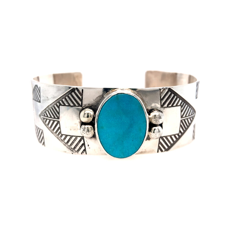 80151 STERLING SILVER WIDE TURQUOISE HAND CARVED DESIGN BANGLE BRACELET