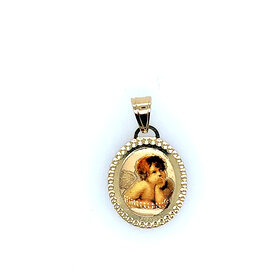 77385 14K YELLOW GOLD OVAL ENAMELED GUARDIAN ANGEL WITH FILIGREE BORDER CHARM