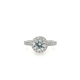 40449 18K WHITE GOLD 1.01CT F SI1 ROUND CENTER .58TCW DIAMOND HALO UNDERGALARY ENGAGEMENT RING