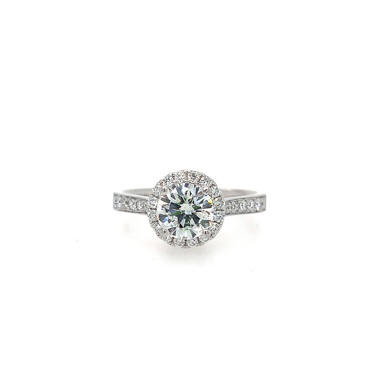 40449 18K WHITE GOLD 1.01CT F SI1 ROUND CENTER .58TCW DIAMOND HALO UNDERGALARY ENGAGEMENT RING