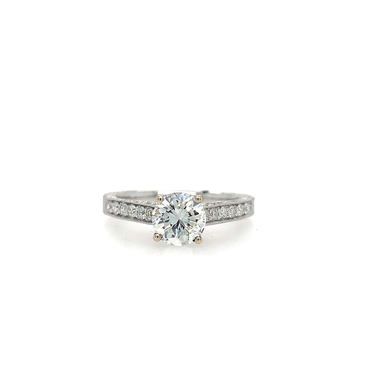 40448 18K WHITE GOLD 1.02CT J VS2 ROUND CENTER .60TCW DIAMOND 3 ROW MILGRAIN EDGES ENGAGEMENT RING
