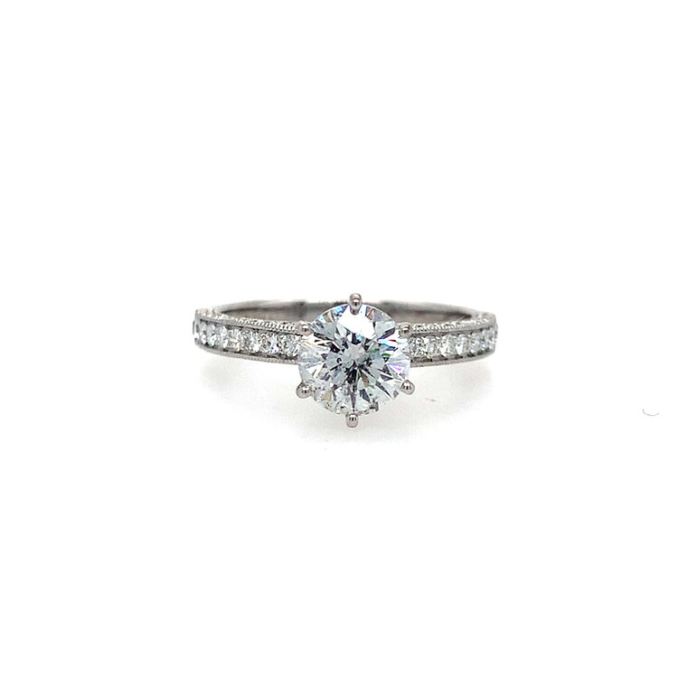 40446 18K WHITE GOLD 1.20CT I I1 ROUND CENTER .60TCW DIAMOND 3 ROW MILGRAM EDGES ENGAGEMENT RING