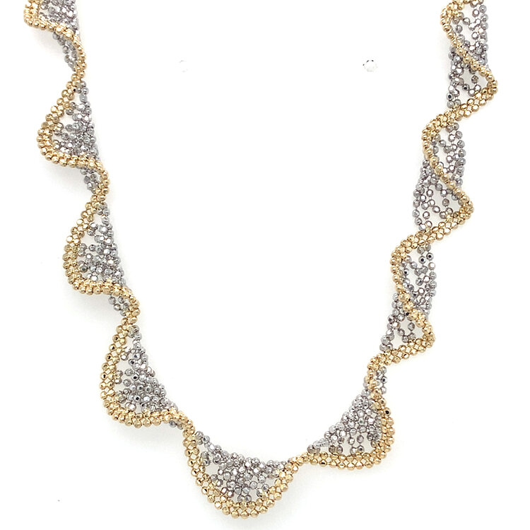 60201 14K TWO TONE 16" DIAMOND CUT BEADED FANCY WAVED DESIGN NECKLACE