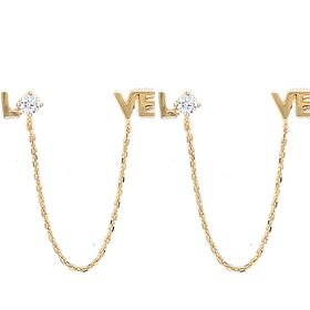 31512 14K YELLOW GOLD DOUBLE CHAINED STUD LOVE CUBIC ZIRCONIA EARRINGS
