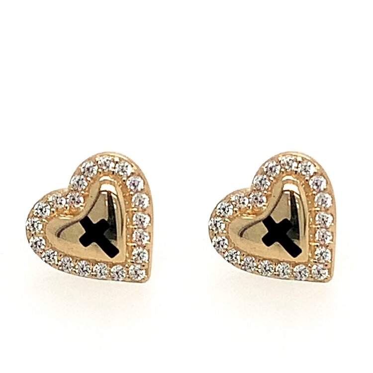 31515 14K YELLOW GOLD HEARTS WITH CROSS CENTER AND CUBIC ZIRCONIA HALO STUDS