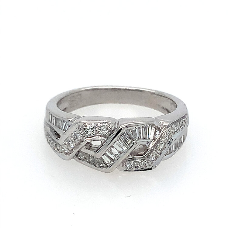 40451 18K WHITE GOLD .60CT DIAMOND INTERTWINING BAGUETTES AND ROUND LADIES RING