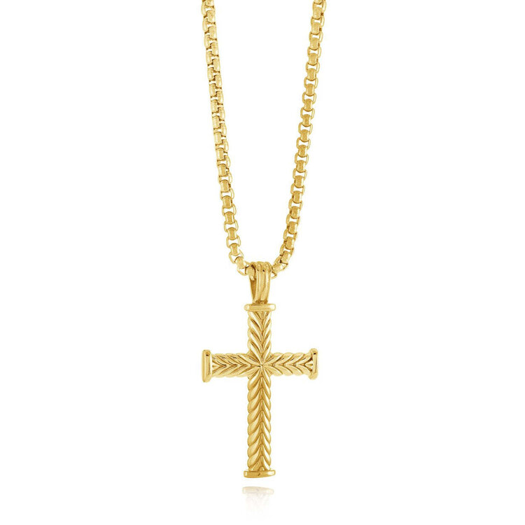 SC184-GO ITALGEM GOLD-IP-S.STEEL POLISHED WAVE-CROSS 22"-NECKLACE