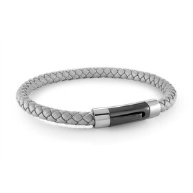 SLB661 ITALGEM S.STEEL BLACK-IP PUSH-CLASP GREY-LEATHER 8.5"-BRACELET