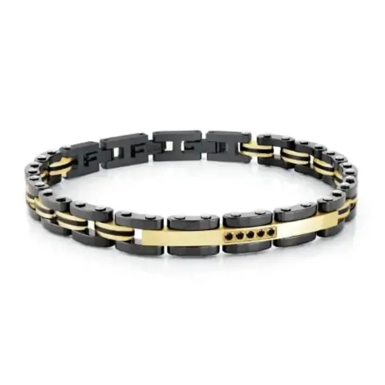 SMB566 ITALGEM GOLD-IP-S.STEEL BLACK-CERAMIC BLACK-CZ 7.5+0.5+0.5"-BRACELET