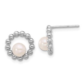 80152 Sterling Silver Rhodium-plated 5-6mm White Button Freshwater Cultured Pearl Circle Post Earrings